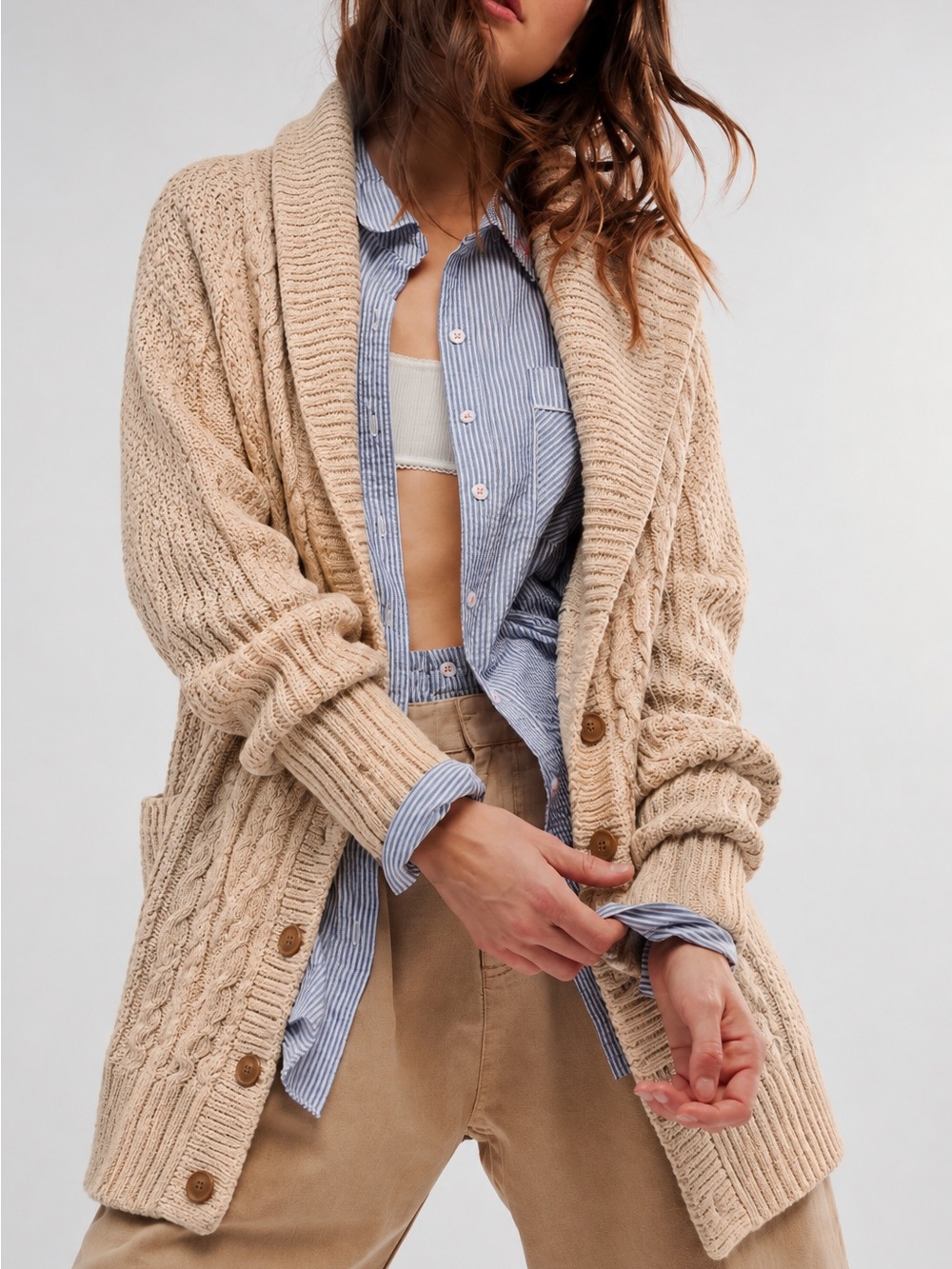 252. Cable Knit Shawl Collar Cardigan Sweater - Beige